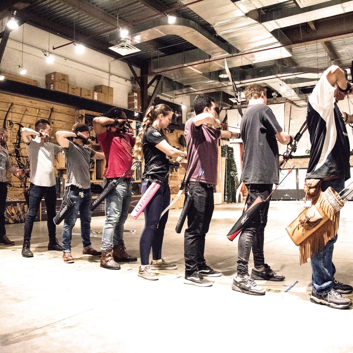 a group of people standing in front of a crowd