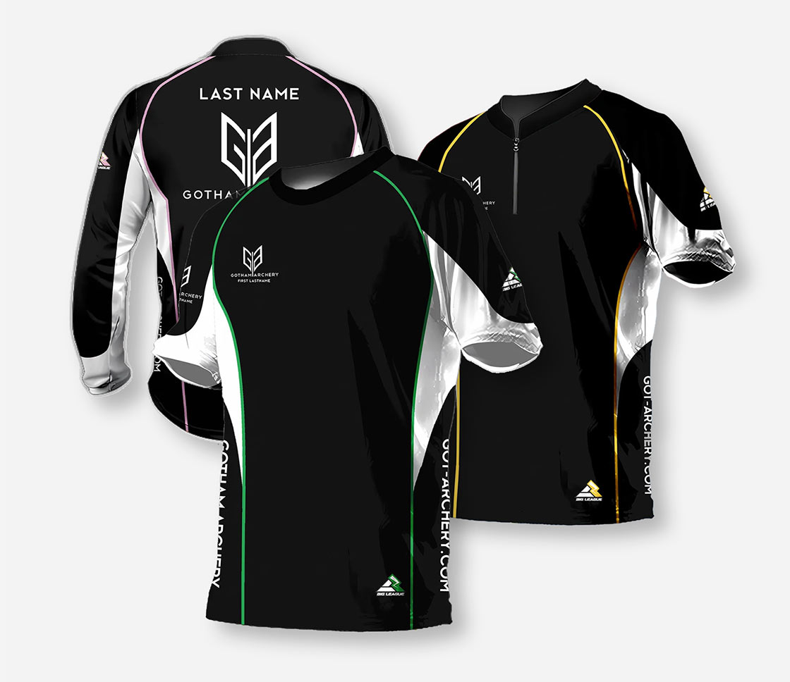 Three custom archery shirts with colorful trim, logos, and 'Gotham Archery' text.